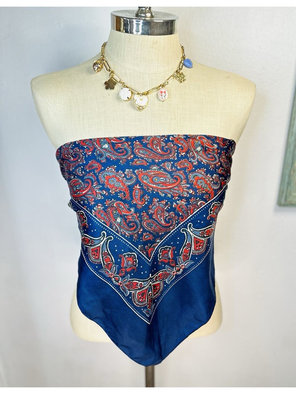Western Paisley Blue Silky Scarf Top Nylon Small/Med All Weather Square Scarf